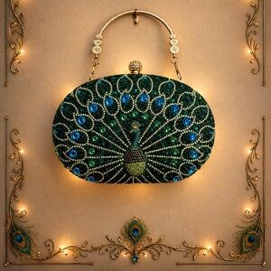 Elegant Peacock Design Clutch - Green and Blue Bejeweled